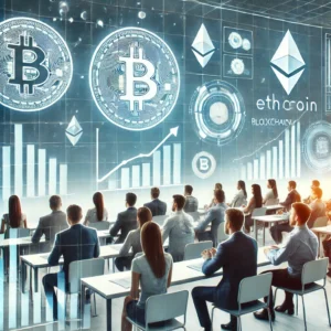 Una imagen profesional y moderna que ilustra la educación sobre criptomonedas. Muestre un grupo diverso de personas aprendiendo atentamente en un aula de alta tecnología.